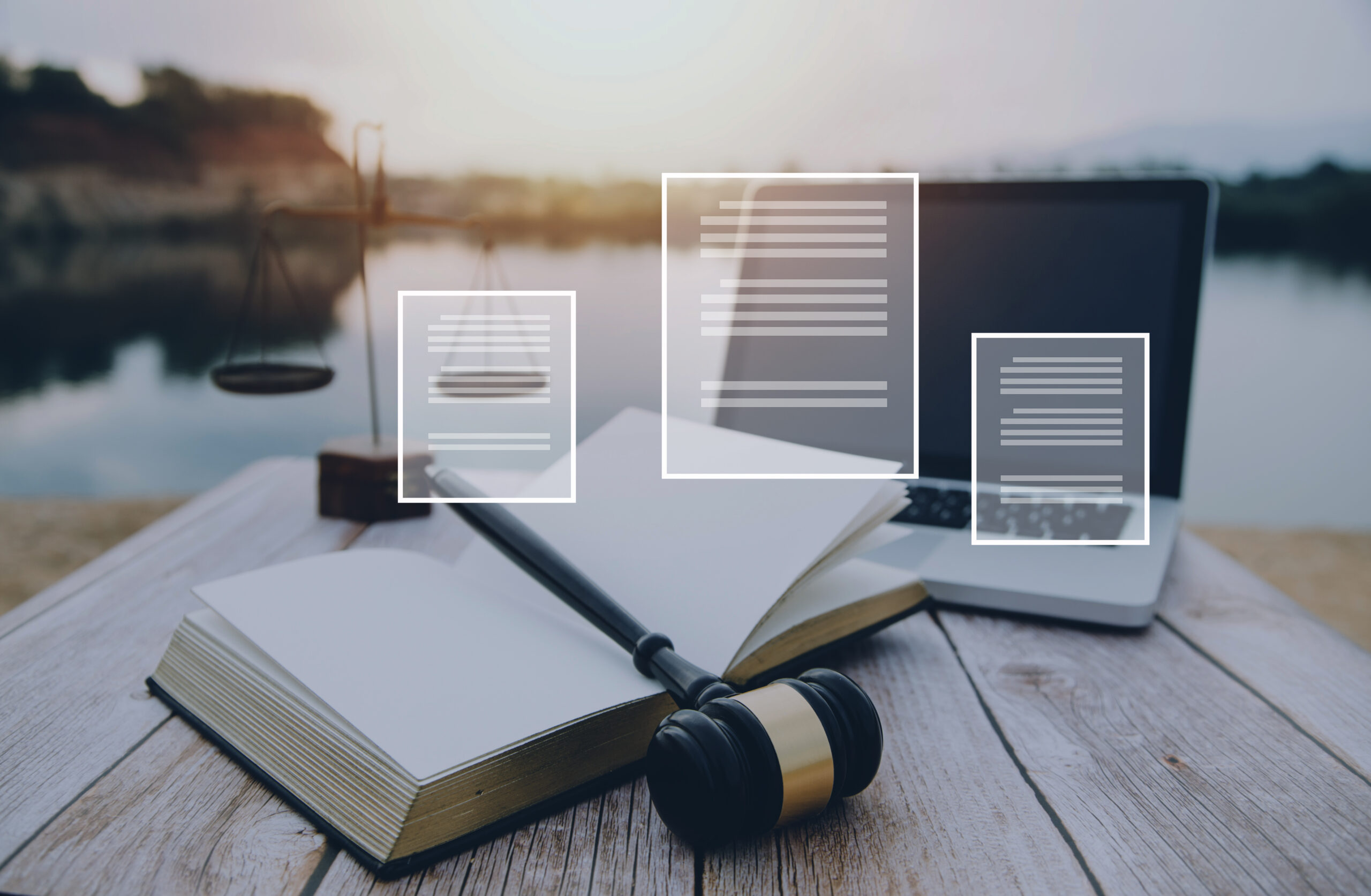 justice and law concept.Male judge in a courtroom on wooden table and Counselor or Male lawyer working in office. Legal law, advice and justice concept.