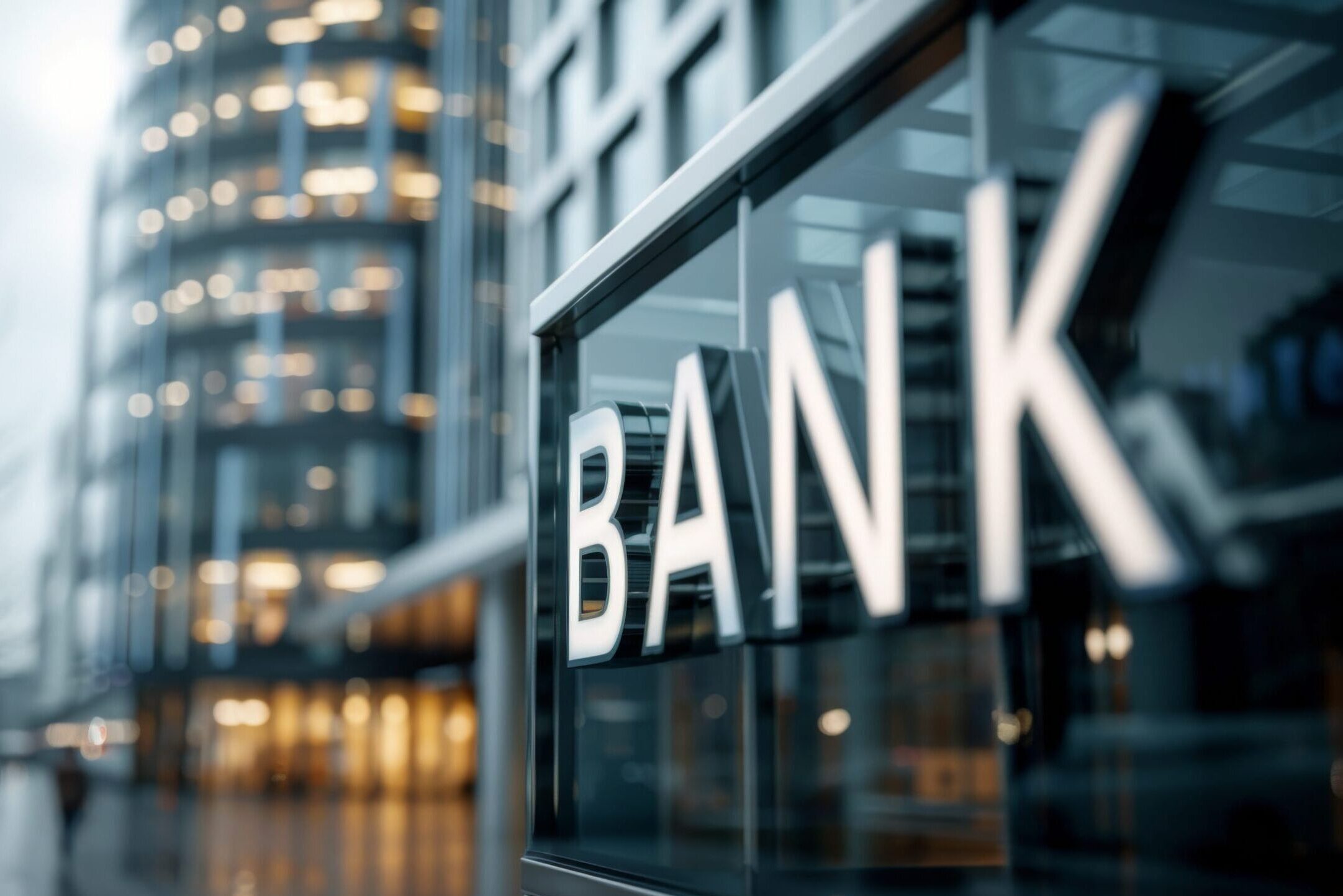 A person walks into a modern bank building in a city. The building has glass walls and a large BANK sign above the entrance.